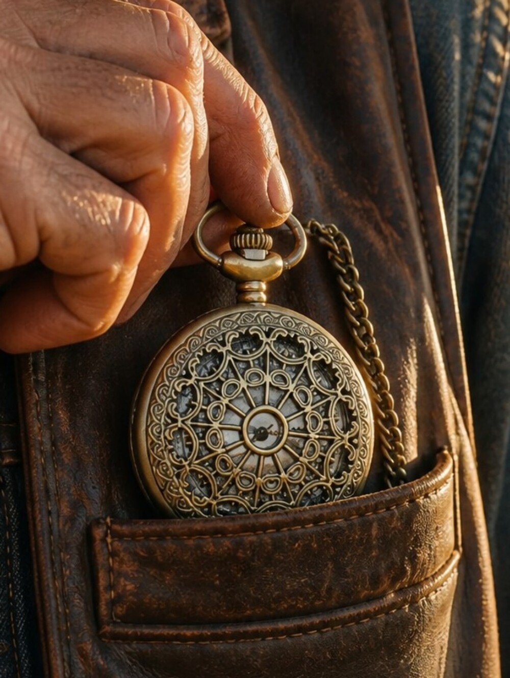 Steampunk Gear Pocket Watch Antique Bronze Skeleton Cutout Quartz Chain Vintage